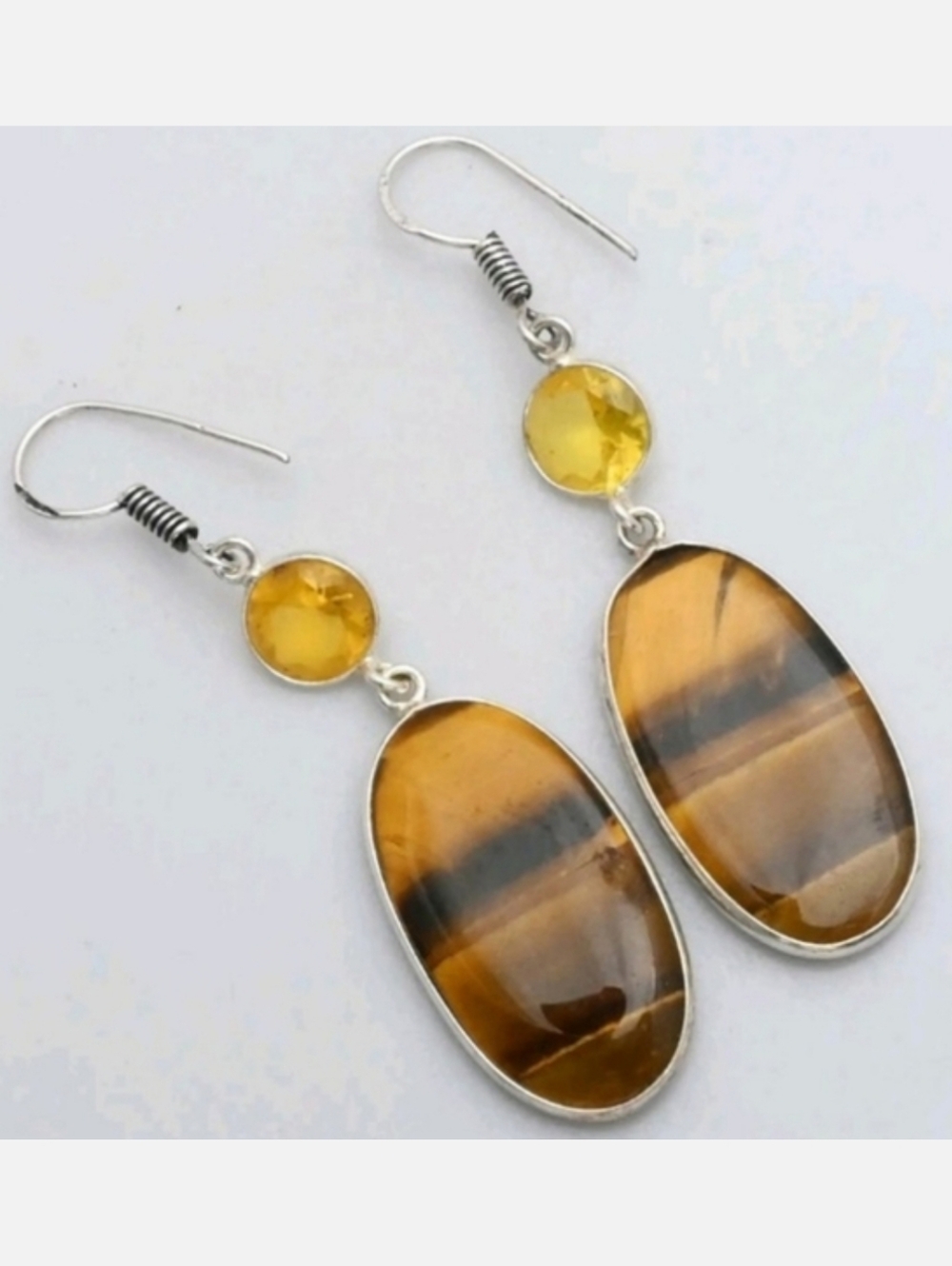 Tiger's Eye, Citrine Gemstone 925 Sterling Silver Handmade Drop Dangle Earrings